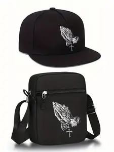 Hip-Hop Gesture Cross Print Baseball Cap and Shoulder Bag Set, Adjustable Street Fashion Accessories, Perfect for Daily Wear and Gifts