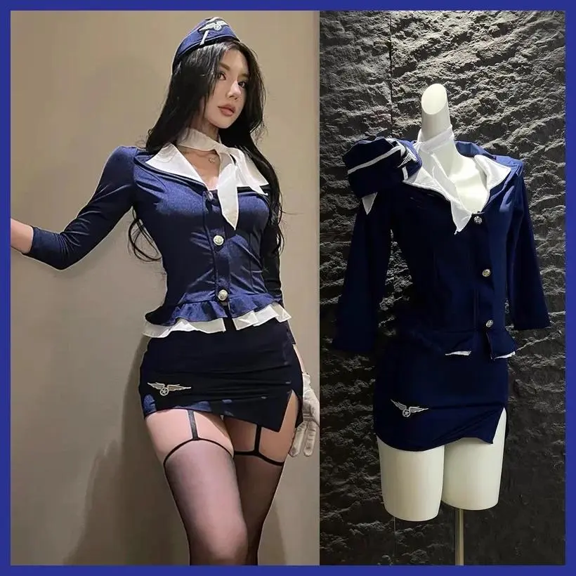 Women's Polyester Stewardess Costume - Sexy Fitted 2-Piece Uniform Set with Hat, Scarf, All-Season Cosplay Gear for Role Play, Trick Or Treat, Hand Wash Only