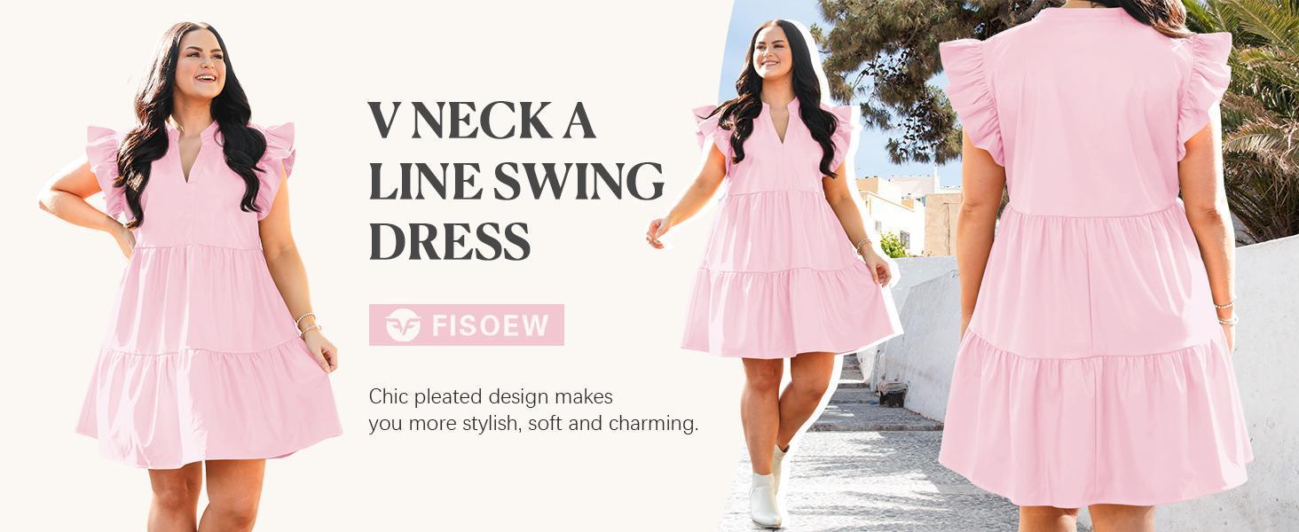 【1XL-5XL】Imily Bela Curve Plus Size Dresses for Women Summer Ruffle Short Sleeve V Neck Dress Tiered Swing A Line Babydoll Mini Dress