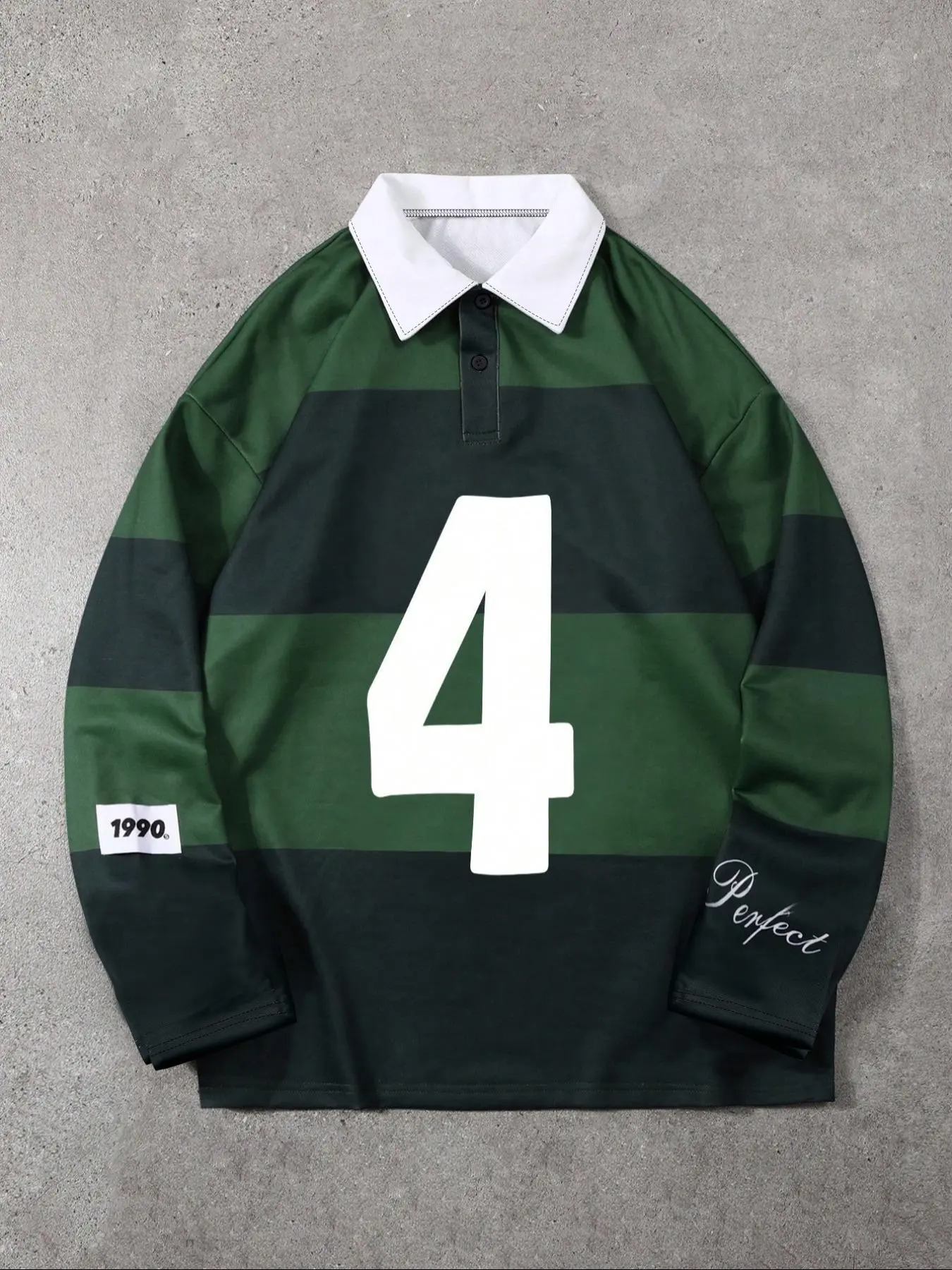 Green striped No. 4 printed long-sleeve rugby polo shirt, loose street-style top, vintage collegiate casual look, suitable for daily commuting, campus activities, and going out in street style. #CollegiateStyle #StripedPolo