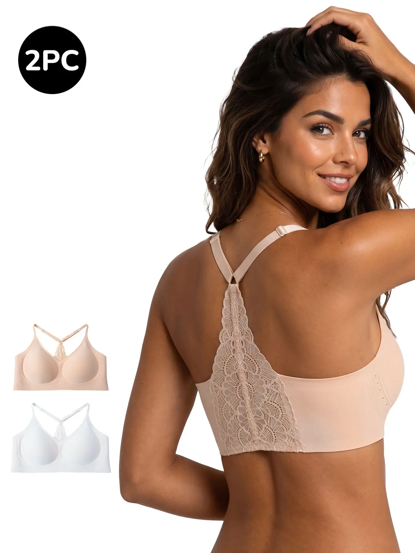 2 Pack Women's Non-Wired Lace Racerback Bras, Seamless Jelly Gel Light Support Fit Bralettes with Soft Lace Back, for Racerback & Open-Back Tops