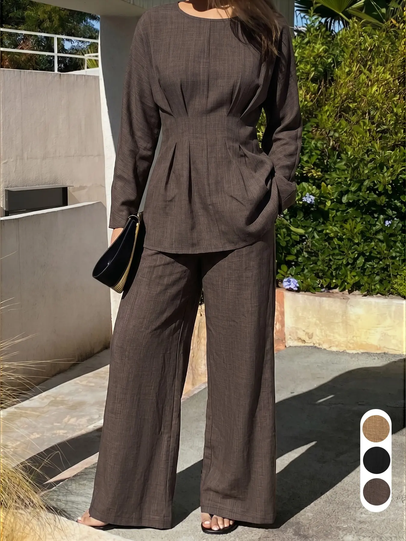 Round Neck High Waist Long Sleeve Two-Piece Set, Loose Fit Wide Leg Pants, Casual Office Wear, Vacation Style, Daily, Travel Set Lf2615