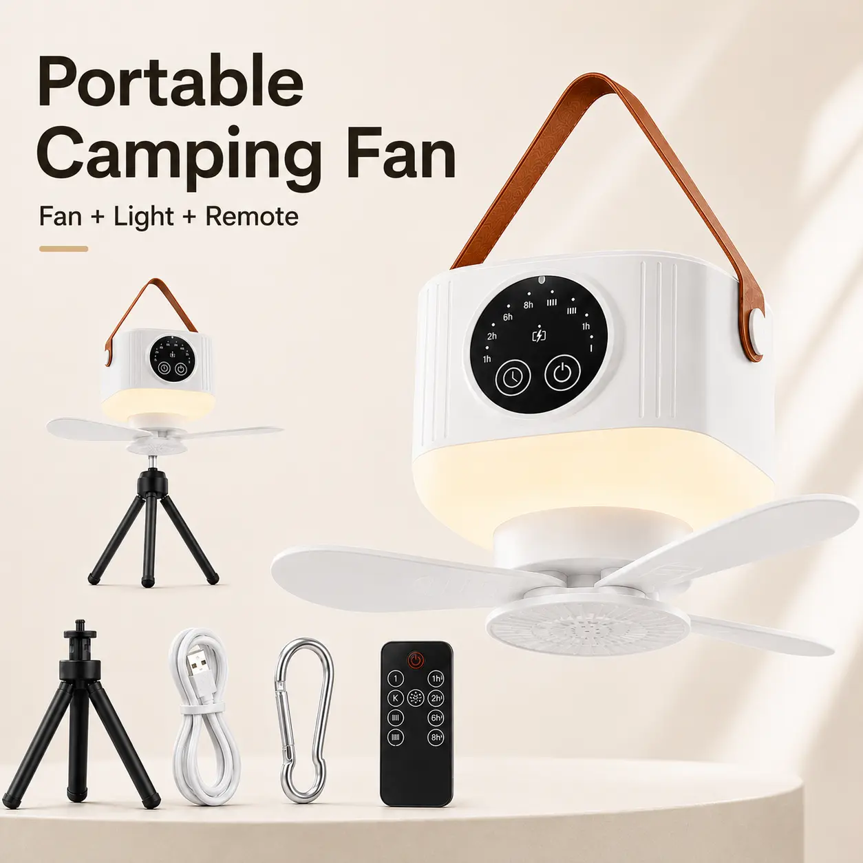 USB Rechargeable Foldable Hanging Fan with Light and Timer, Cordless 3-Blade Tent Ceiling Fan for Camping, Bedroom and Dorm