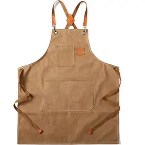 Canvas Cross Back Chef Cotton Aprons for Men Women with Large Pockets