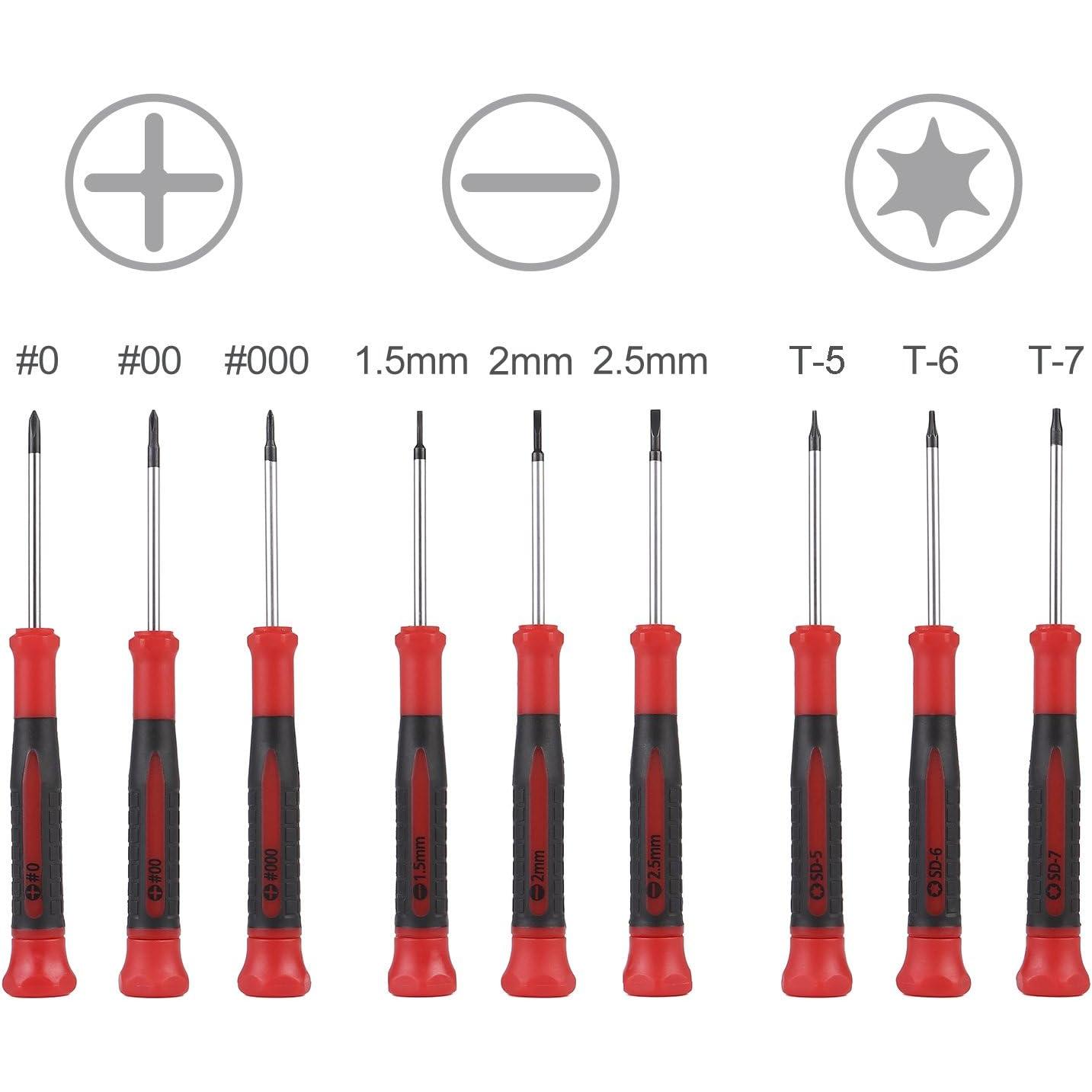 9- Precision  Set | Phillips #0, #00, #000 | Flat 1.5mm, 2.0mm, 2.5mm | Torx T5, T6, T7 | Durable Chrome Vanadium Steel Shaft,  Tip,  Grip, and Swivel End Cap
