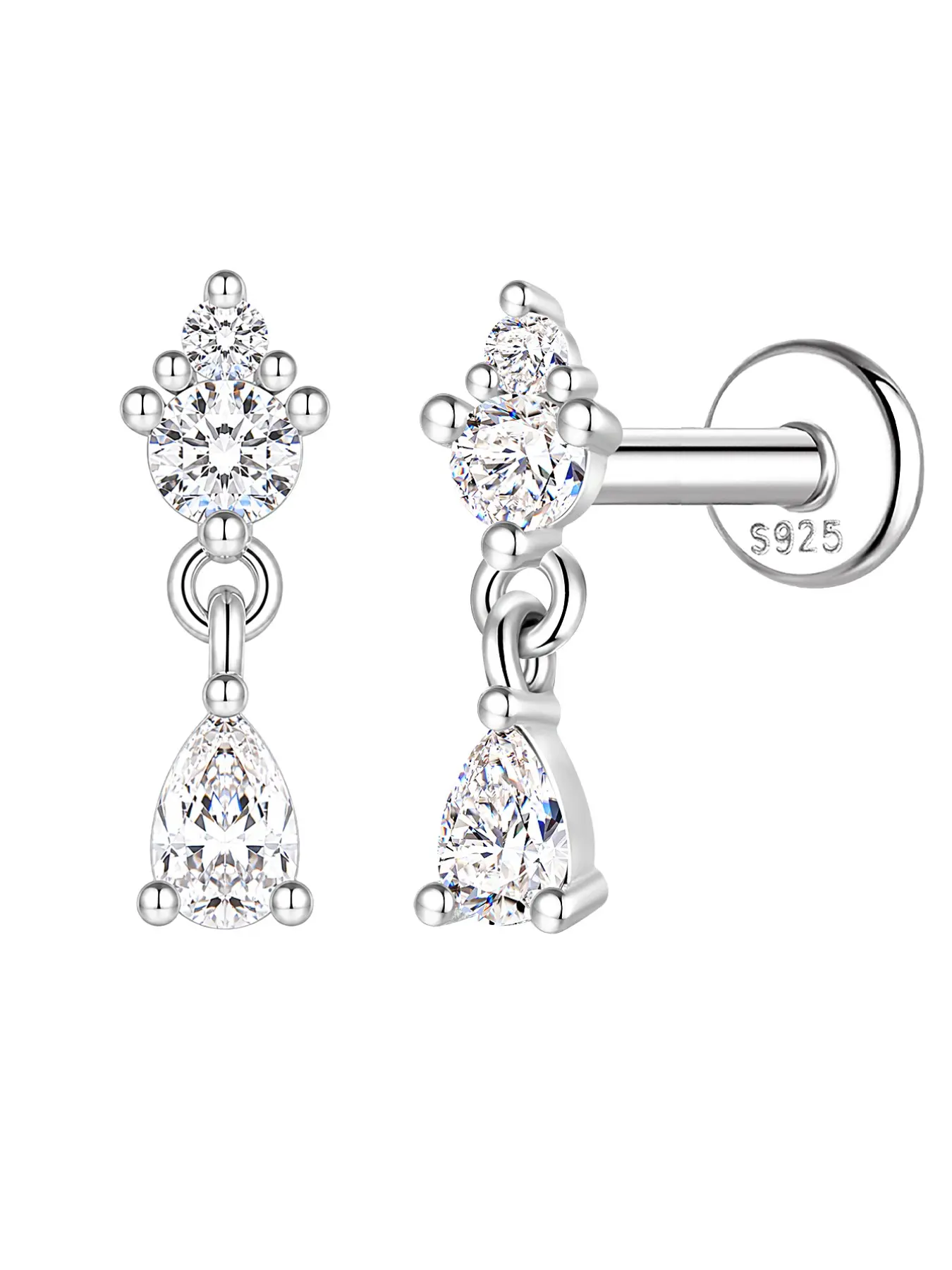 VORA 18K Gold Plated S925 Sterling Silver D Color VVS Synthetic Diamond Moissanite Flatback Stud Earring | Sparkly Teardrop Pear Cut Chain Tassel Dangle Cartilage Helix Piercing | 100% Waterproof Hypoallergenic ,Non-Tamish Ideal Holiday Gift Choice