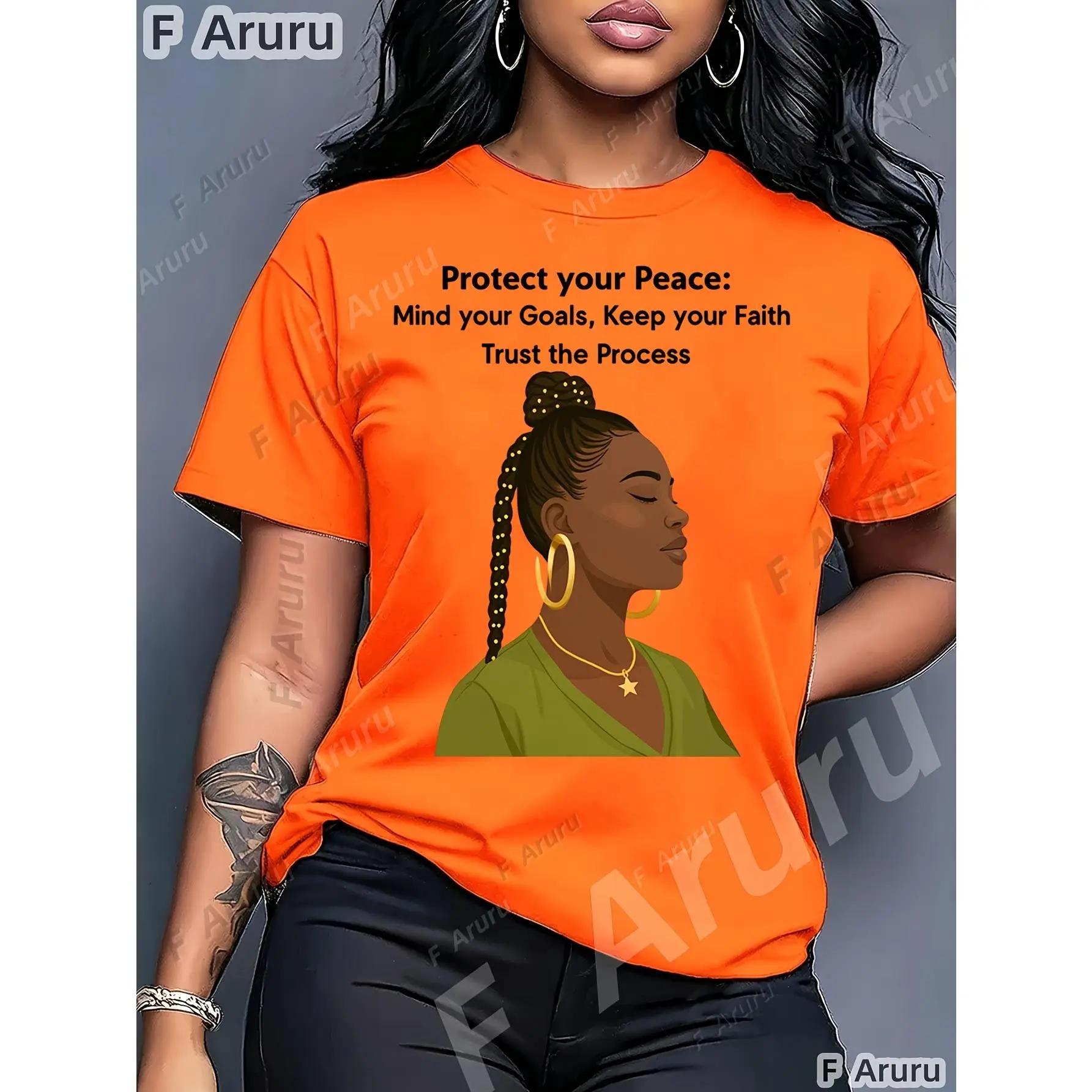 100% Cotton Women Round Neck Short Sleeve T-Shirt, Protect Your Peace Black Woman Braids Inspirational Faith Goal Graphic Front Print Loose Casual Tee, Positive Melanin Motivational Soft Breathable Summer Daily Wear Top Gift