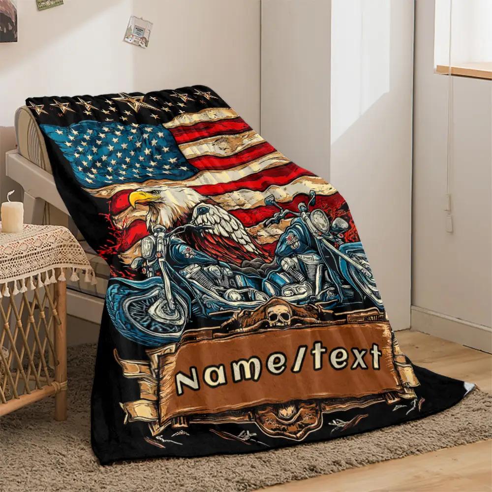 1 Customizable Motorcycle Eagle American Flag Printed Blanket - Personalized Name/Text, Suitable for All Seasons, Lightweight Polyester Flannel Blanket, Suitable for Sofa, Bed, Travel - Digital Printing, Warm and Soft, Ideal Gift
