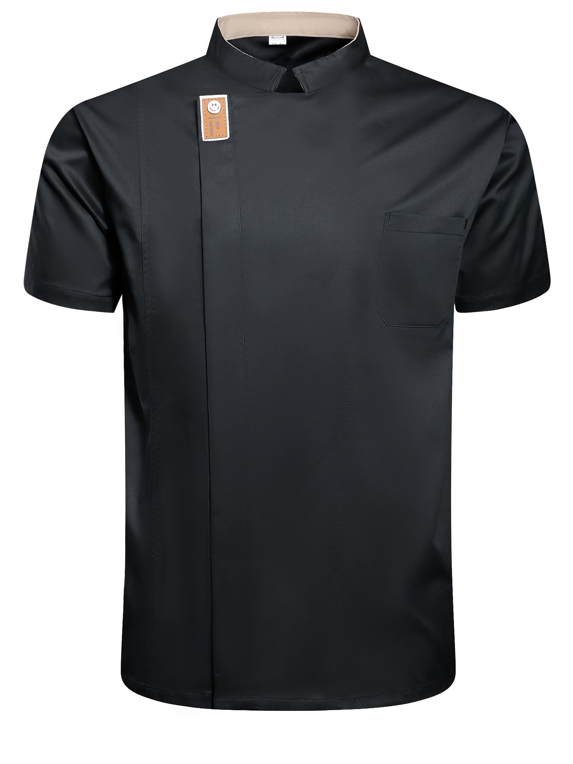 [Black Chef Uniform] Stylish Black Professional Chef Uniform - Short Sleeve Jacket with Pockets, Stand Collar, Polyester Fabric |     Ideal for Kitchen, Baking, and Restaurant Use, School Cafeteria Clothing, Machine Washable233
