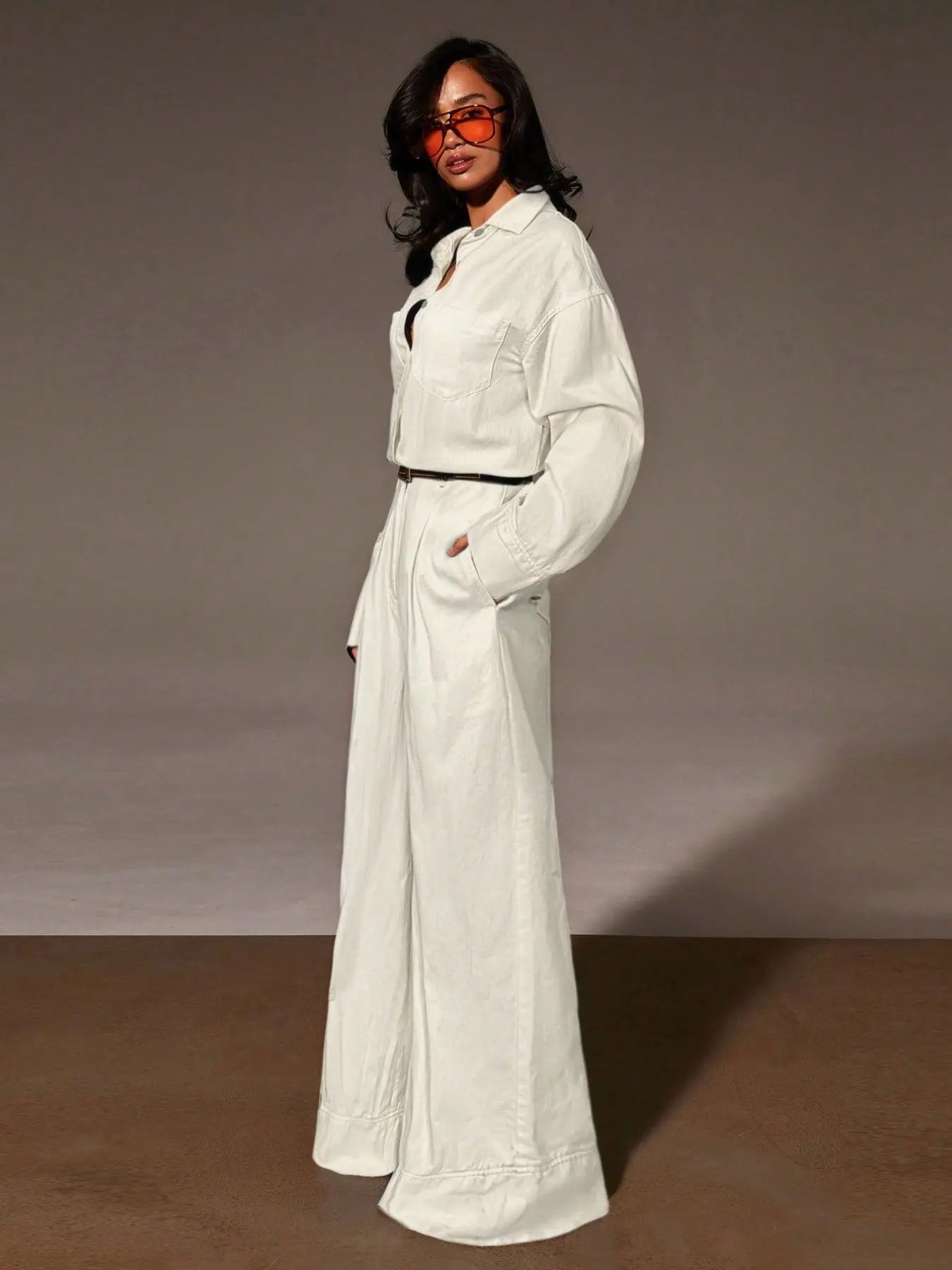 Collared Shirt and Wide Leg Jeans Two-Piece Set, Casual Loose Workwear Style, Comfortable Denim for Everyday Wear