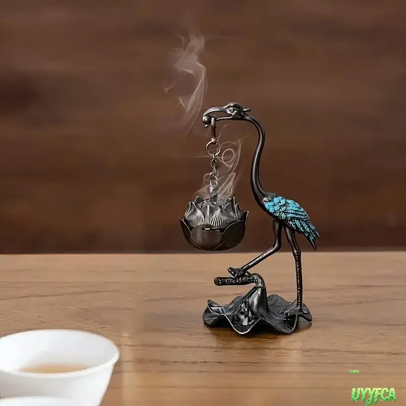 Elegant Vintage Crane Statue Hanging Lotus Incense Burner, Mini Suspended Incense Cone Holder, Antique Patina Tabletop Fragrance Decor, Oriental Zen Meditation Aroma Ornament For Tea Room Bedroom Home Decor,Incense Incense Holders