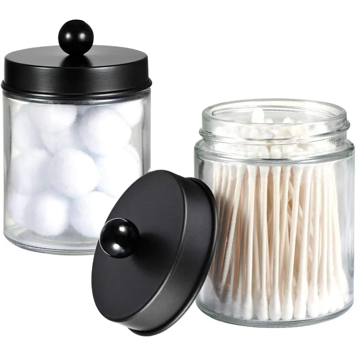 Jars Bathroom Storage Organizer - Cute Qtip Dispenser Holder Vanity Canister Jar Glass with Lid for Cotton Swabs,Rounds,Bath Salts,Makeup Sponges,Hair Accessories/Black-2 count
