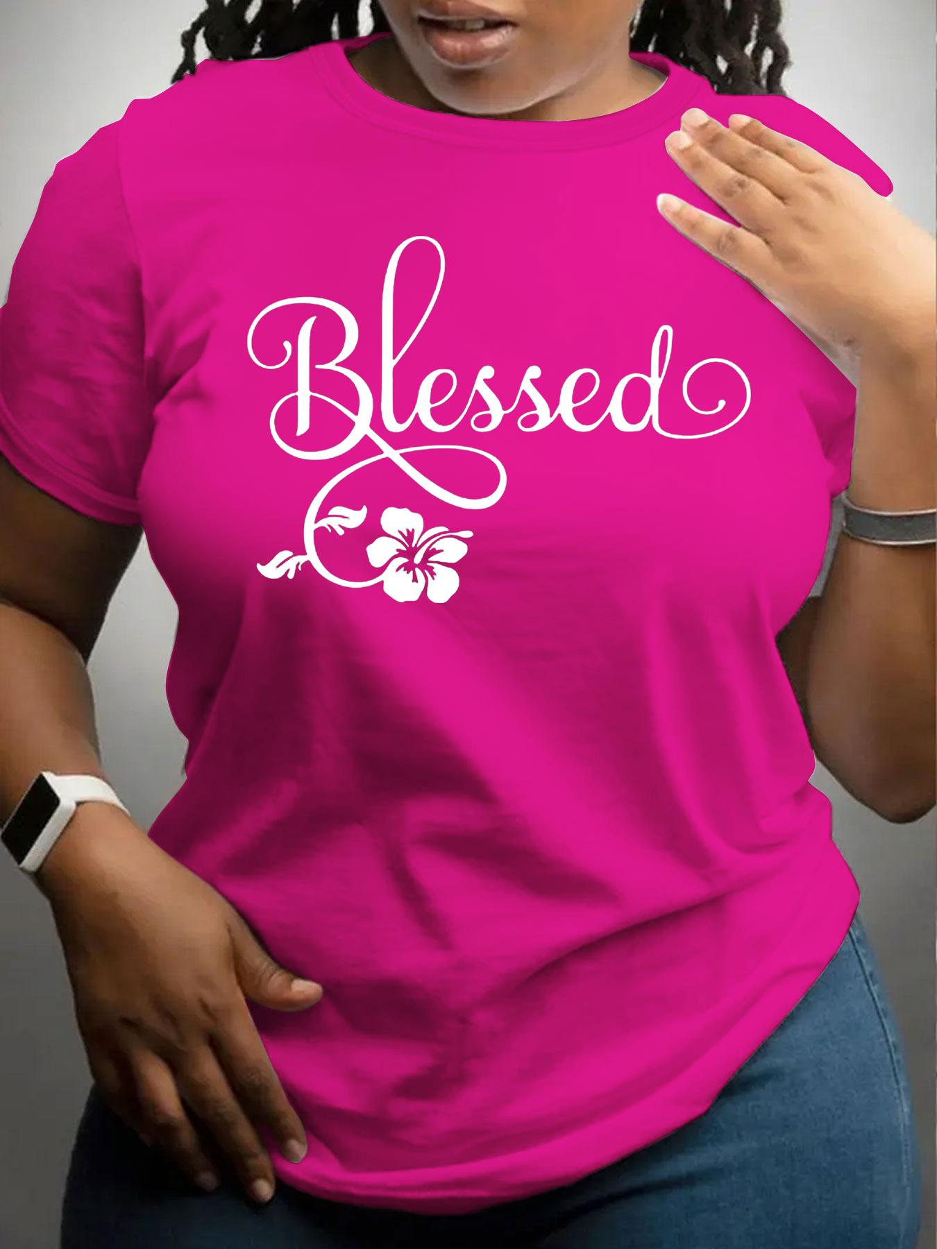 【Plus Size】 Letter & Flower Print Round Neck Tee, Casual Short Sleeve Crew Neck T-Shirt for Daily Wear, Women Plus Clothing for All Seasons