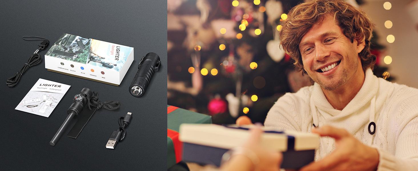 Windproof Arc Lighter, Electric Lighter and LED Flashlight - 2-in-1 (Black)/5-in-1 Magnesium Fire Rod, suitable for emergency survival kits, camping, hiking, all-weather magnesium iron rod