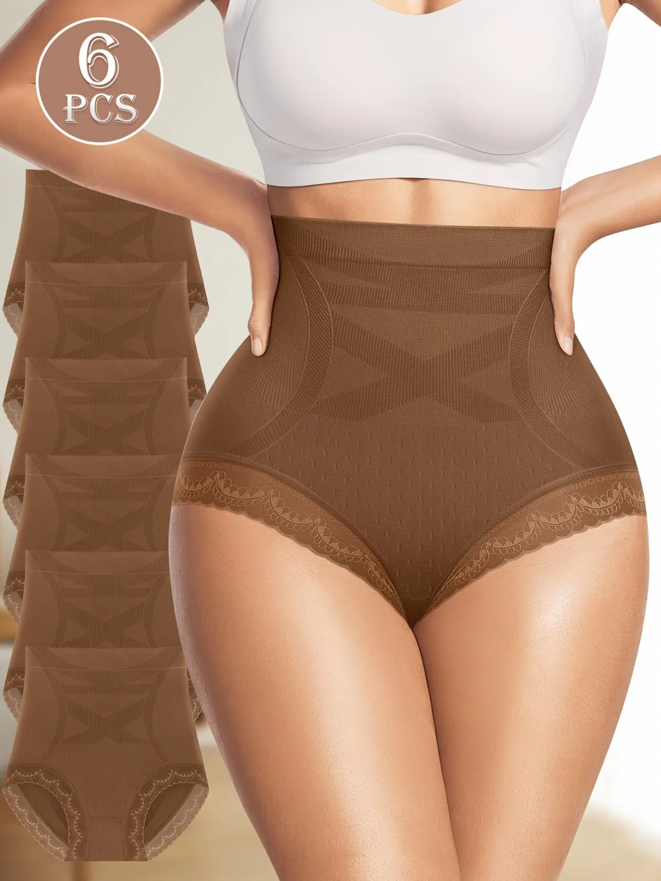 6-Piece High-Waisted Underwear Set, Comfortable All-Day Wear, Boho Style, Loose-Fitting, Plain Surface, Suitable for All Seasons