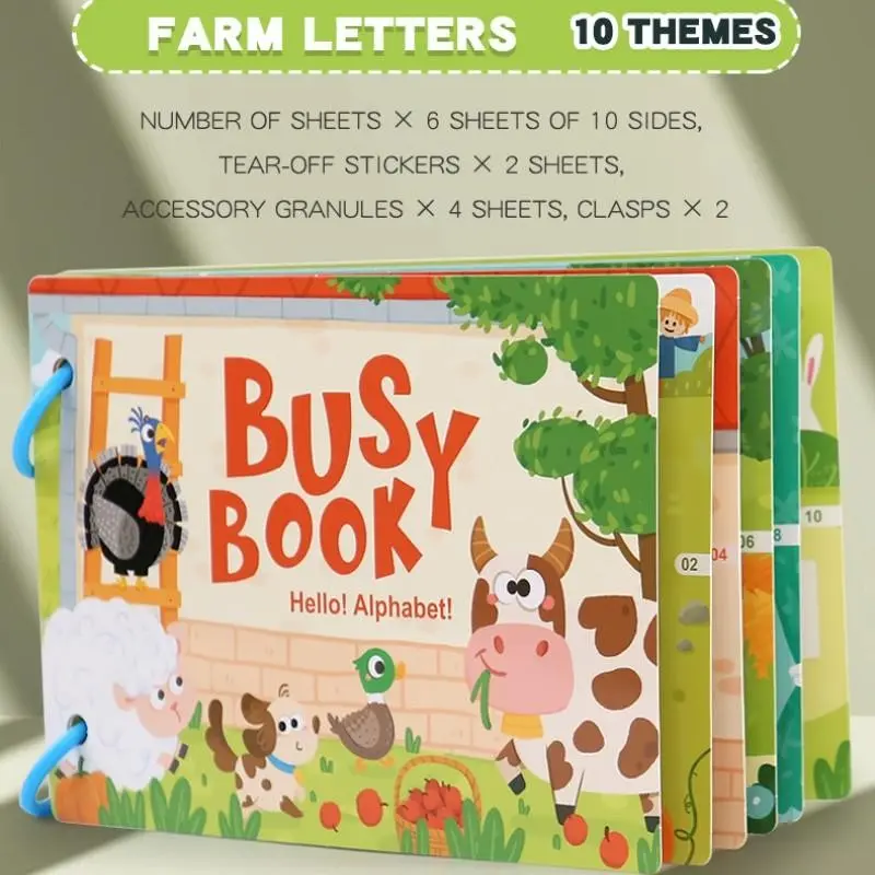 Farm Animal Quiet Book Set, Reusable Magic Tape Sticker Book, 26 Letter Recognition, DIY Early Education Toy, Infant Montessori Activity Book, Montessori Busy Book