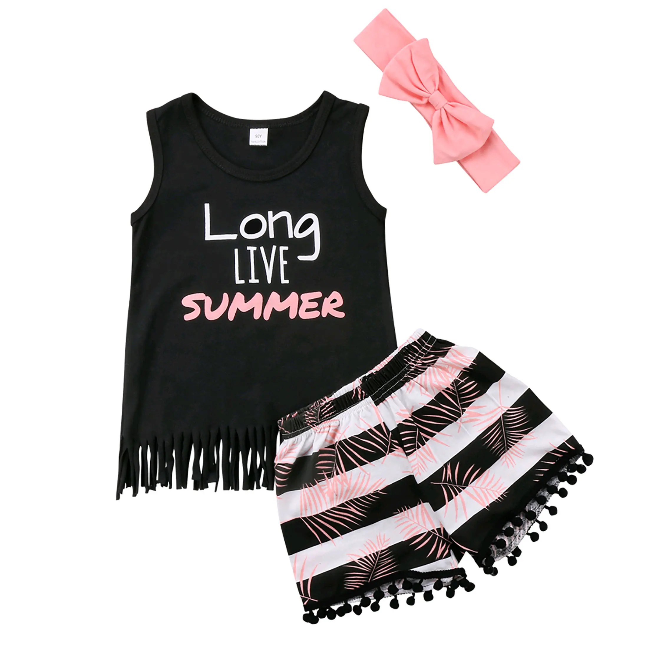 Toddler Baby Girl 3Pcs Summer Outfit Fringe Letter Print Tank Top Palm Strip Pom Pom Shorts Pink Bow Headband 0-6Y