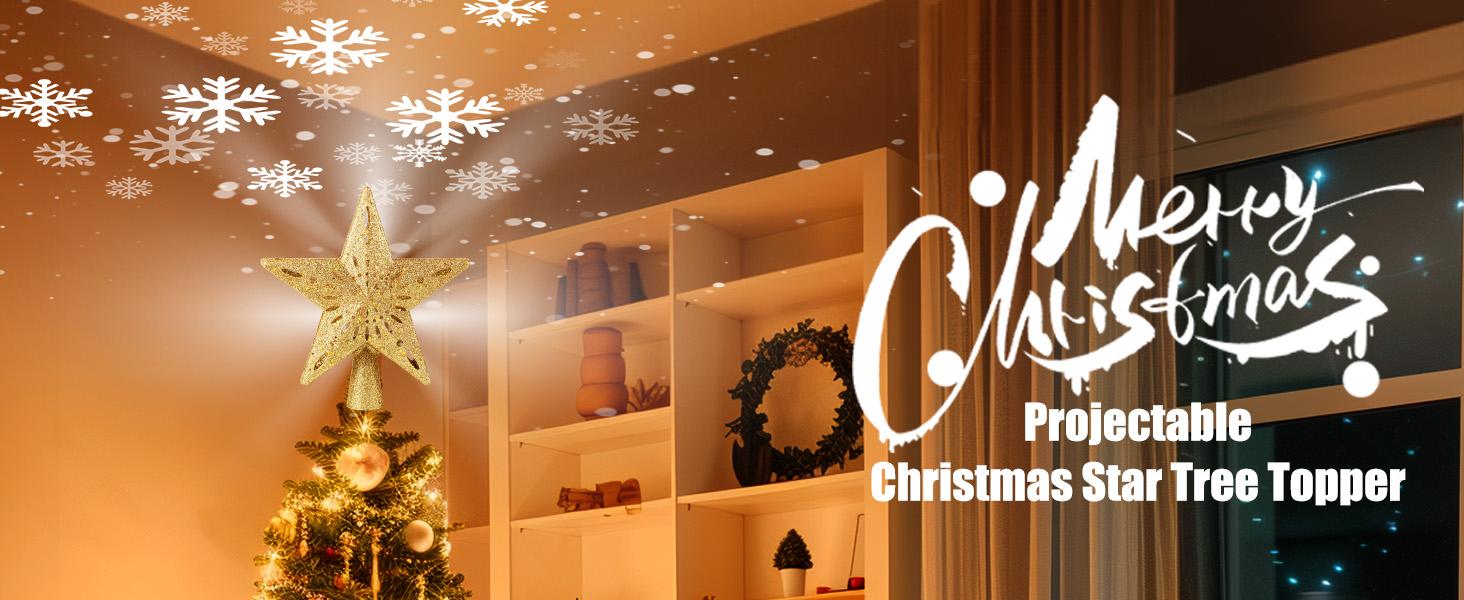 Christmas Star Tree Topper with Built-in Led Snowflake Projector Lights Hollowed Pentagram Tree Topper,Plug in Christmas Tree Ornament for Indoor Office Xmas New Year Holiday Tree Decoration