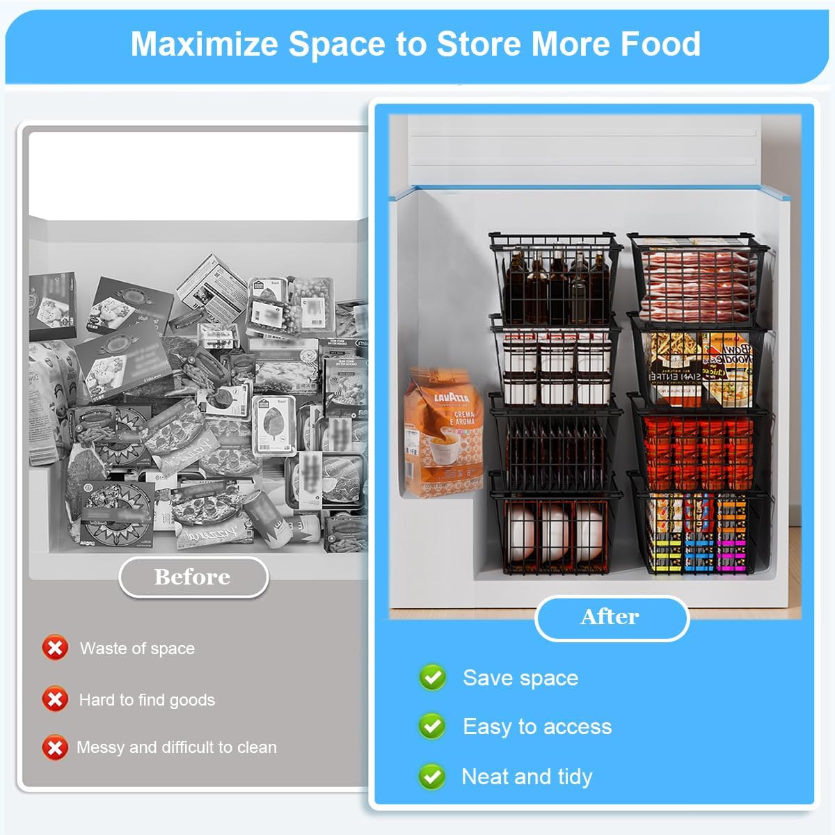 Freezer Organizer Bins, Large Capacity Stackable Baskets for Deep Chest Freezer Easy Get and Sort Bottom Frozen Meats  Storage Containers Pantry Storage and Organization, 4 count