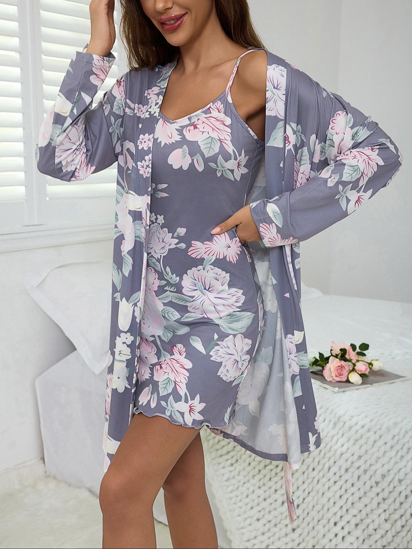 Floral Print Women's Robe and Slip Dress 2 Piece Set, Elegant and Comfortable Long Sleeve Sleepwear Dress for Casual Home Wear