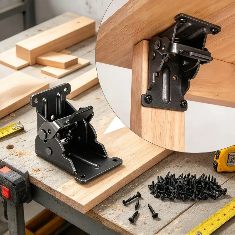 Heavy Duty Folding Locking Hinge Set 2 hinges + 16 screws, auto-lock at 0° / 90° / 180°, no wobbly legs! Perfect for folding table legs, workbenches, cabinet drop leaves and all your DIY custom furniture