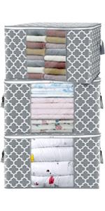Storage Bags [3 Pack/100L] Large Blanket Clothes Organization and Storage Containers for Comforters,Bedding, Foldable Organizer with Reinforced Handle, Clear Window, Sturdy Zippers,Gray