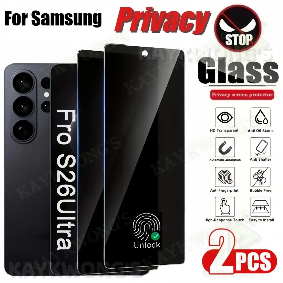 KAYKWONG'S For Samsung Galaxy S26 Ultra/S25 Ultra/S24 Ultra/S26/S25/S24/S23/S22/S21/FE/+/S25 Edge/S23+/S22+/S21+ Privacy Screen Protector, Glass Screen Protector, 9h+ Hardness, 2-Pack, Fingerprint Unlock, Scratch-Resistant