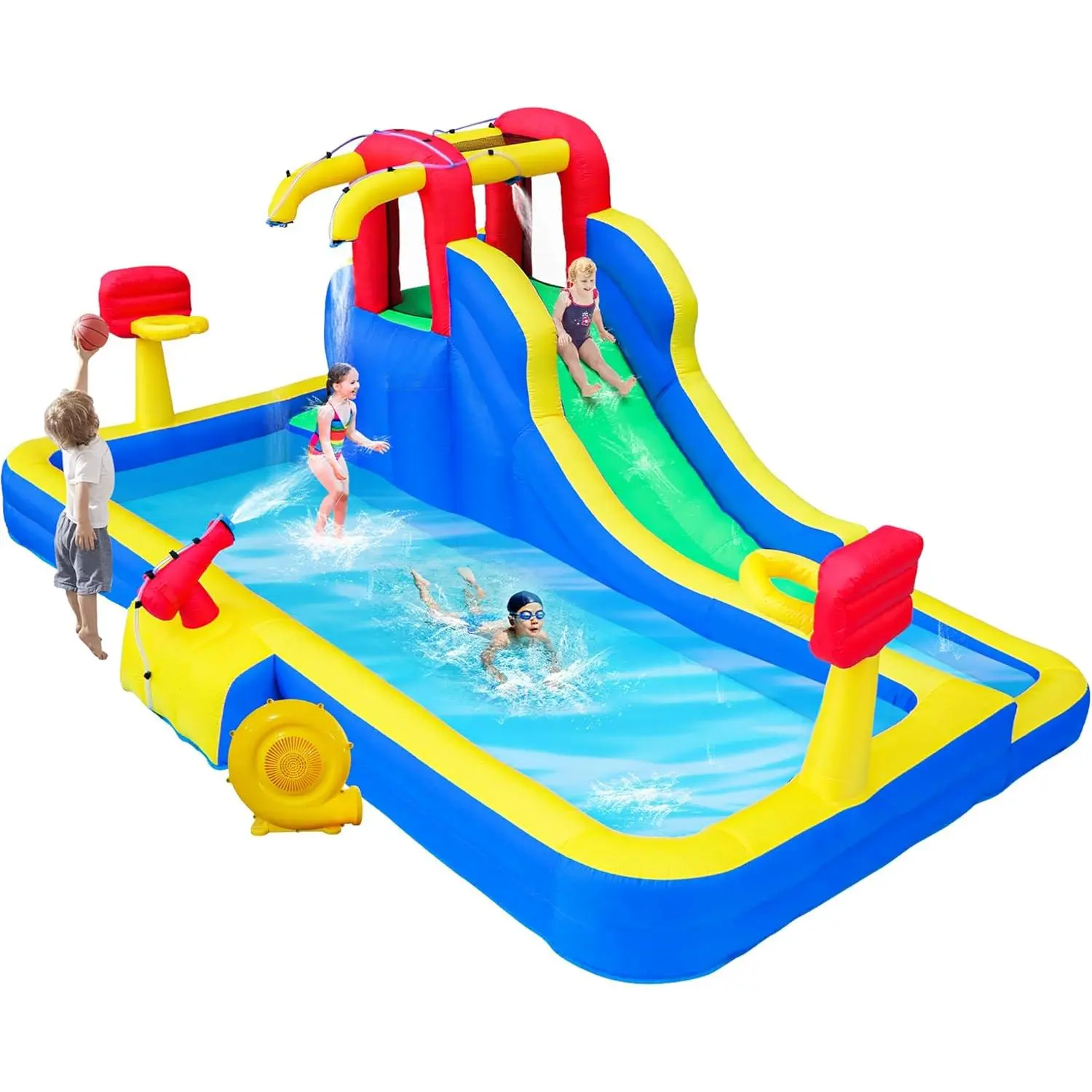 Inflatable Water Park with Blower, Bouncy Castle with Water Cannon and Double Basketball Rings