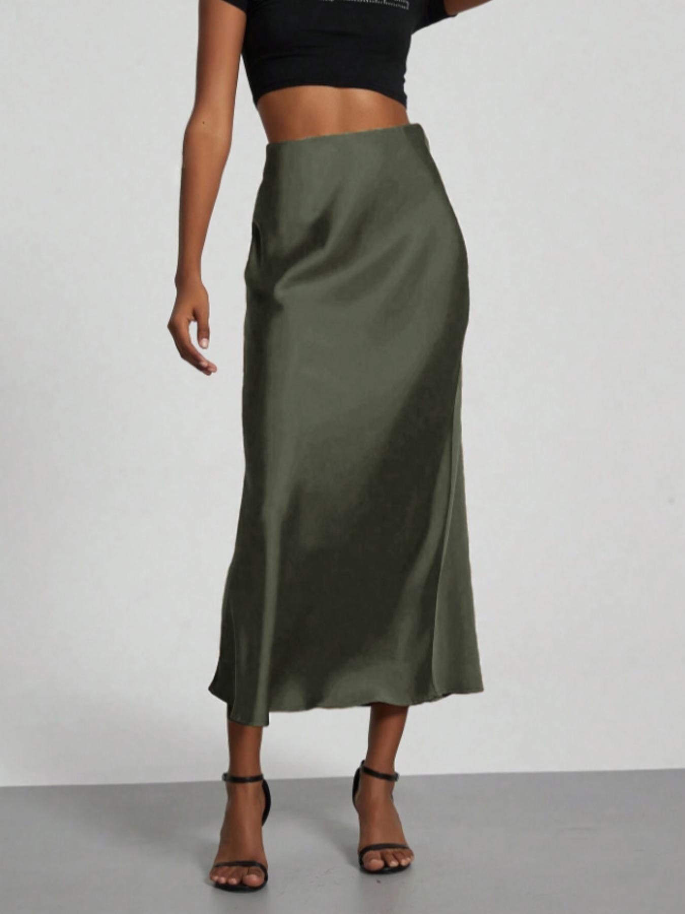 Women's Solid Color Satin Slim Skirt, Elegant Fashion Skirt for Work Office Business, Ladies Clothes for All Seasons