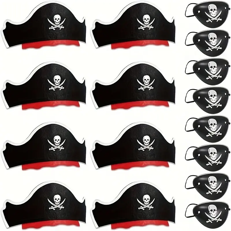 16 Piece Pirate Hat and Eye Mask Set, Classic Pirate Style, Skull Sword Print, Party Props for Kids and Adults, Perfect for Pirate Parties