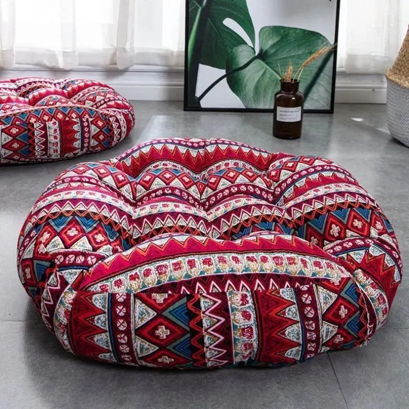 Thick Unisex 50x50x10cm Ethnic Style Round Cotton-Linen Colored Printed Hand-Tatami Cushion, Office Chair & Home Floor Decoration Cushion