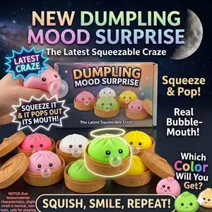 Stress Relief Dumpling Squishies, Mystery Bubble Popping Dumpling, Hollow Plastic Dumplings Squeeze Desk Toy, Cute Bao Bun with Food Steamer, Press and Pop Fidget Sensory Toy for Stress Relief