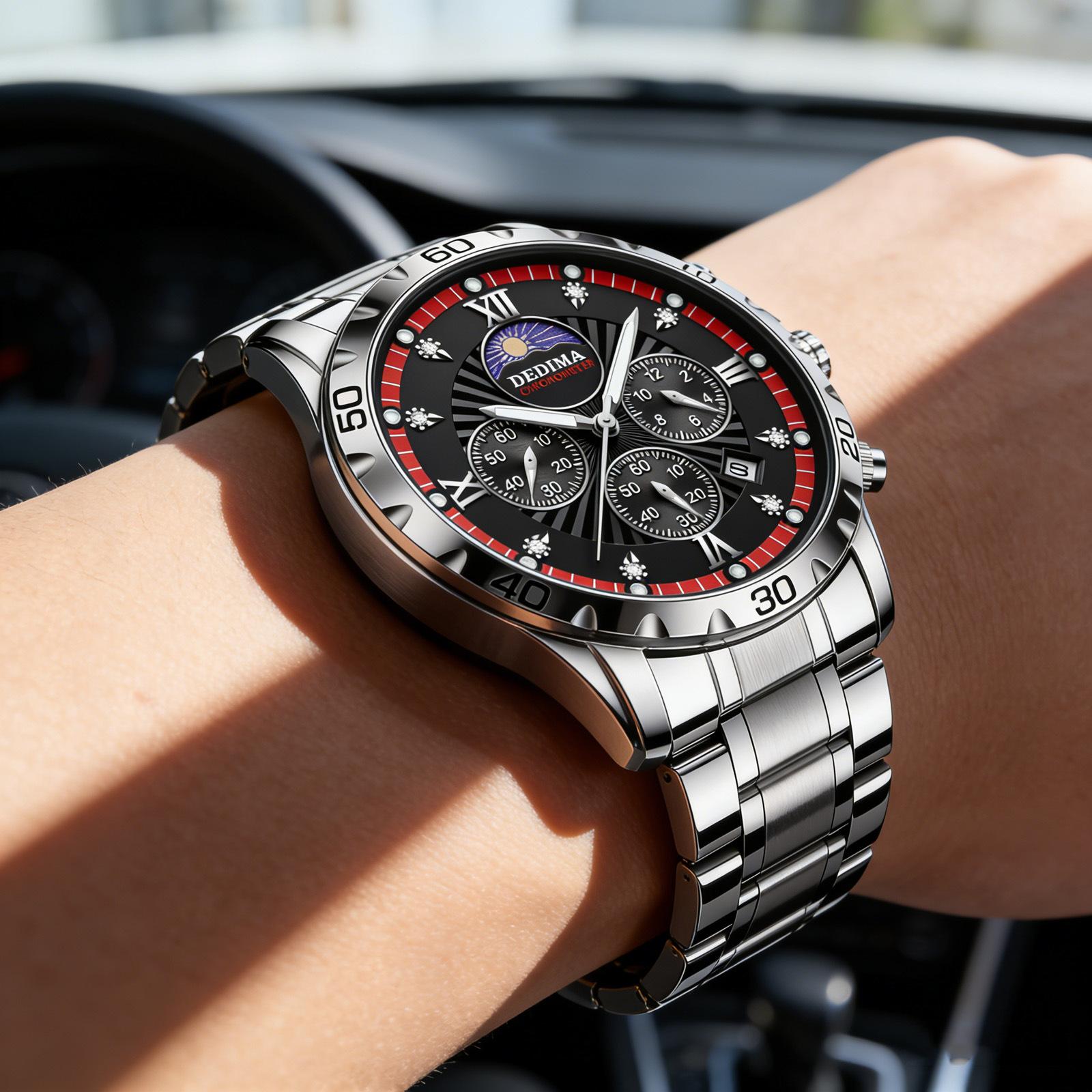 Men's Quartz Watch PE903 Movement 42mm Dial Luminous Display Calendar Moon Phase 30M Waterproof Stainless Steel Strap Business Style Hot-Selling Item