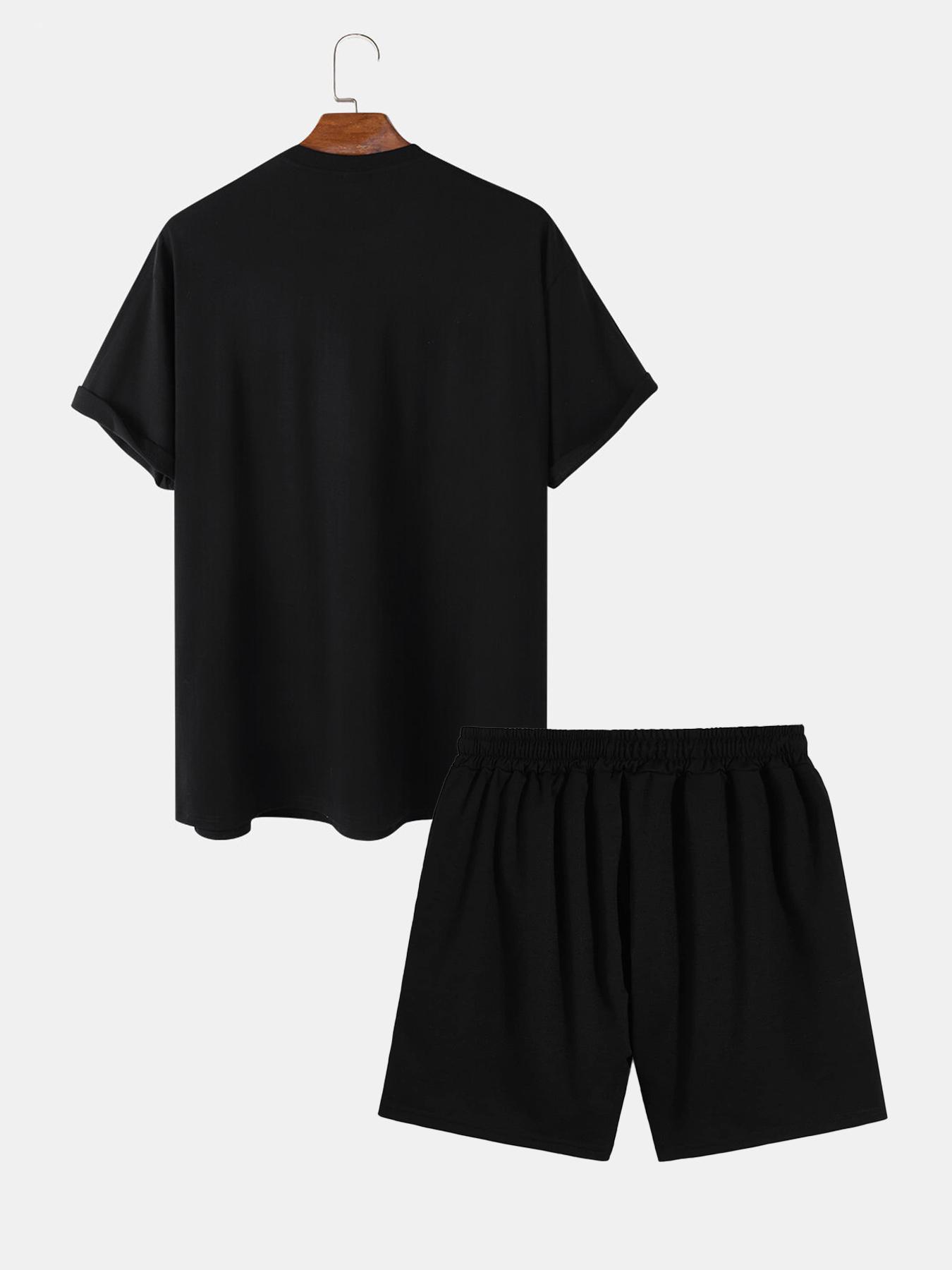 Two-piece Set Men's Flag Graphic Fitted Sleep Tee & Letter Print Elastic Drawstring Pocket Shorts Pajama Set, Comfy Men's Sleepwear & Loungewear Set for All Seasons