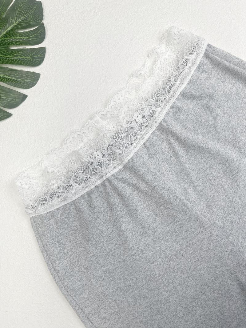 Women's Lace Trim Waistband High-Waisted Leggings, Stretchy Tight-Fitting Pants, Athleisure Style Bottoms for Gym Workout Street Outdoor Casual Running Hiking All Seasons