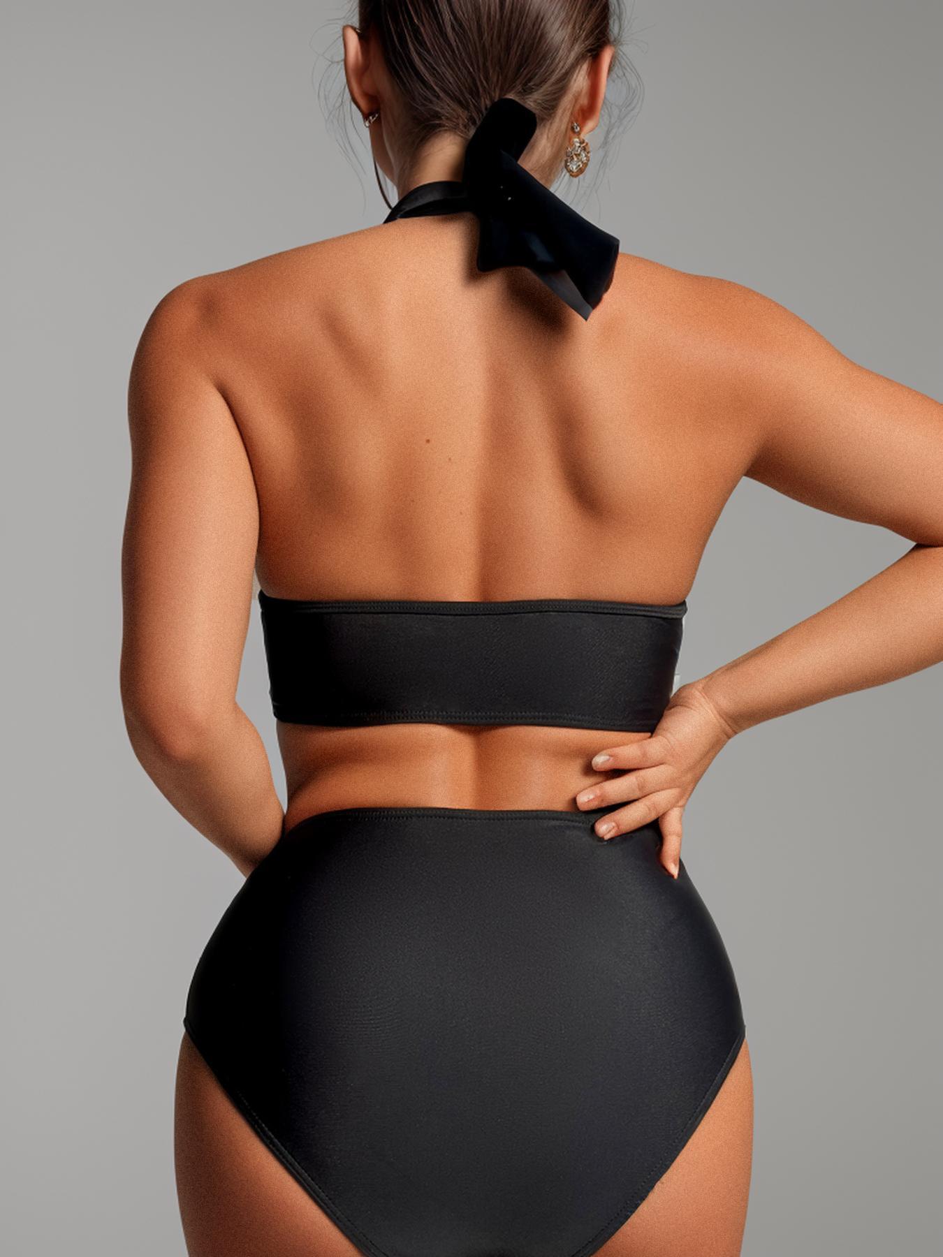 Women's Solid Color Sheer Contrast Mesh Bikini Set, Halter Neck Tie Back Bikini Top & Ruched Swim Knicker Swimsuit Set, Summer Outfits 2024, Swimwear for Summer Beach, Valentine's Day Gift, Swimsuit Style Bikini