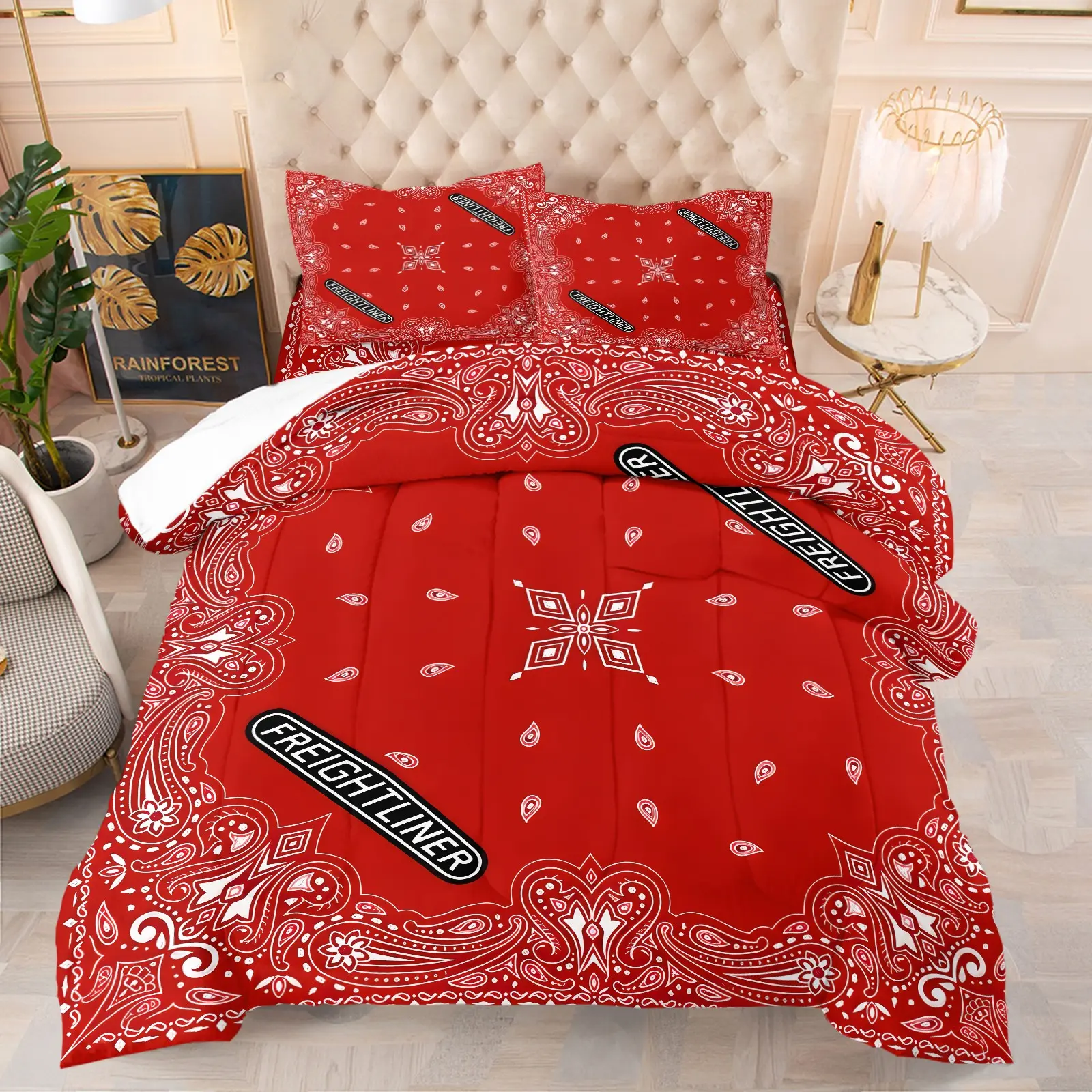 Red Paisley Bandana Freightliner Comforter Set, 1 Comforter + 1-2 Pillowcases, Classic White Paisley Kerchief Print, Soft Cozy Breathable Microfiber Washable Bedding, Trucker Street All Season Bedroom Quilt Set