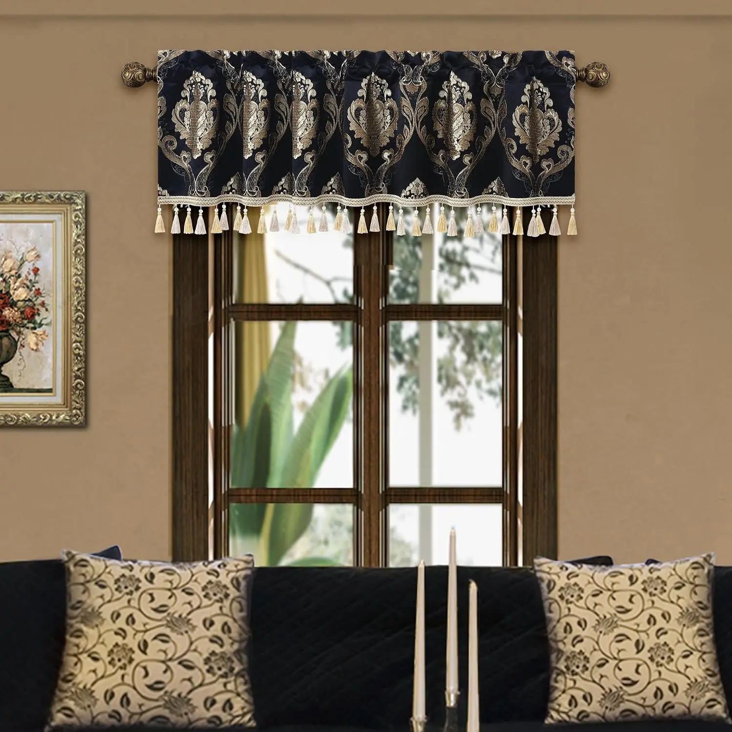 Black Jacquard Window Valance Curtains for Bedroom, 54" x 18"