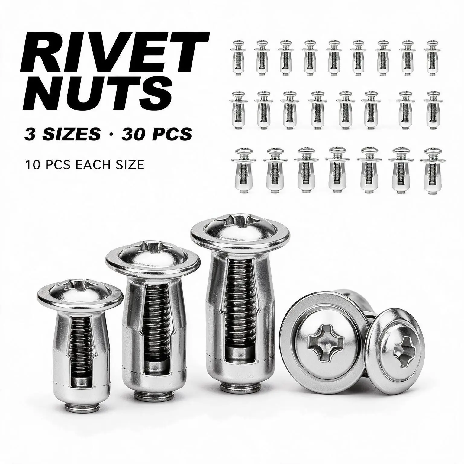 30PCS M4 M5 M6 Rivet Nuts, Petal-Style Threaded Insert Nuts for Sheet Metal, Panel Fixing, Automotive Repair and Furniture Assembly, Fasteners