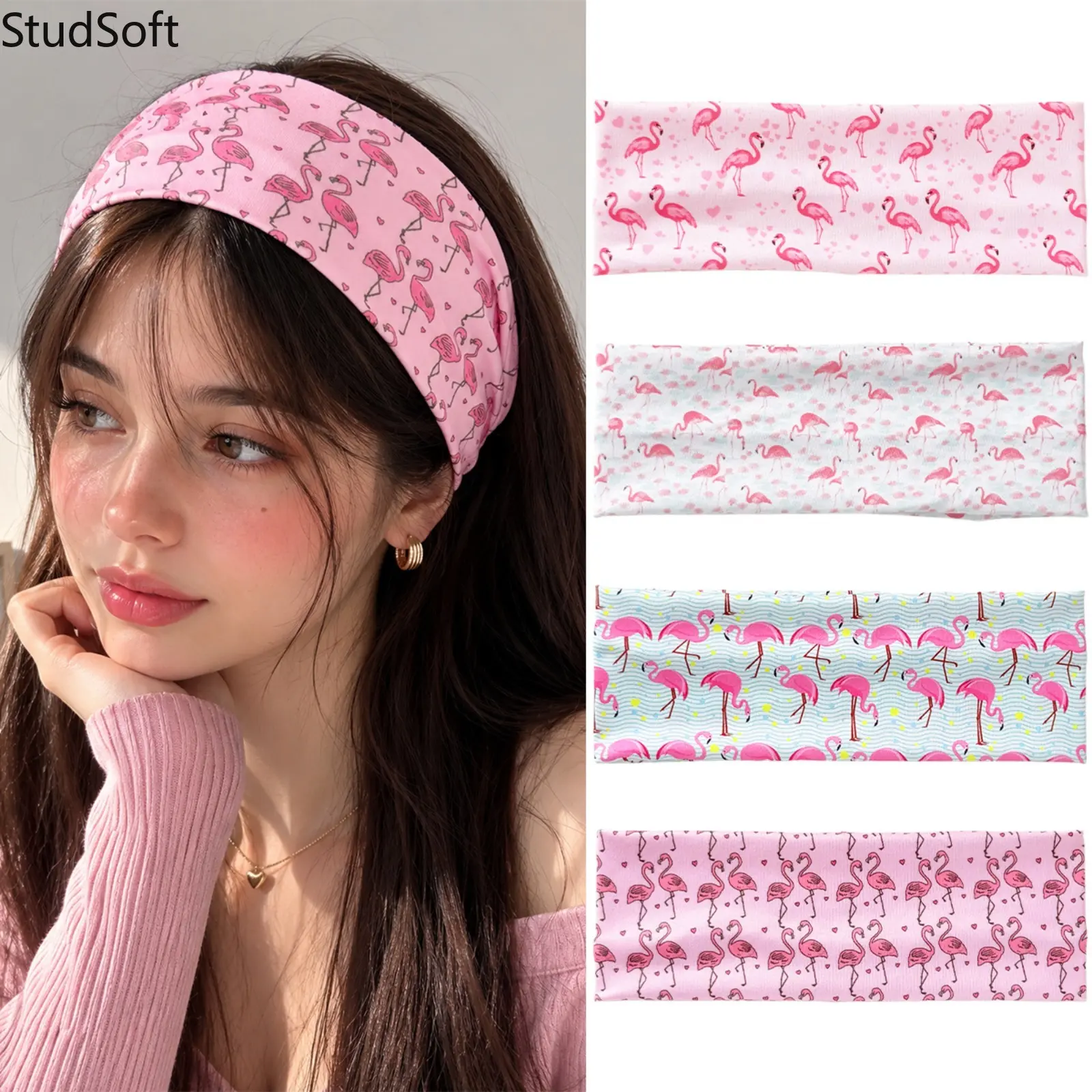 Women's 4-Pack Wide Elastic Boho Headbands with Floral Flamingo Prints, Sporty Chic Sports Hair Accessories for Workout and Yoga, Female, Wide Headbands, Floral Print, 4-Pieces