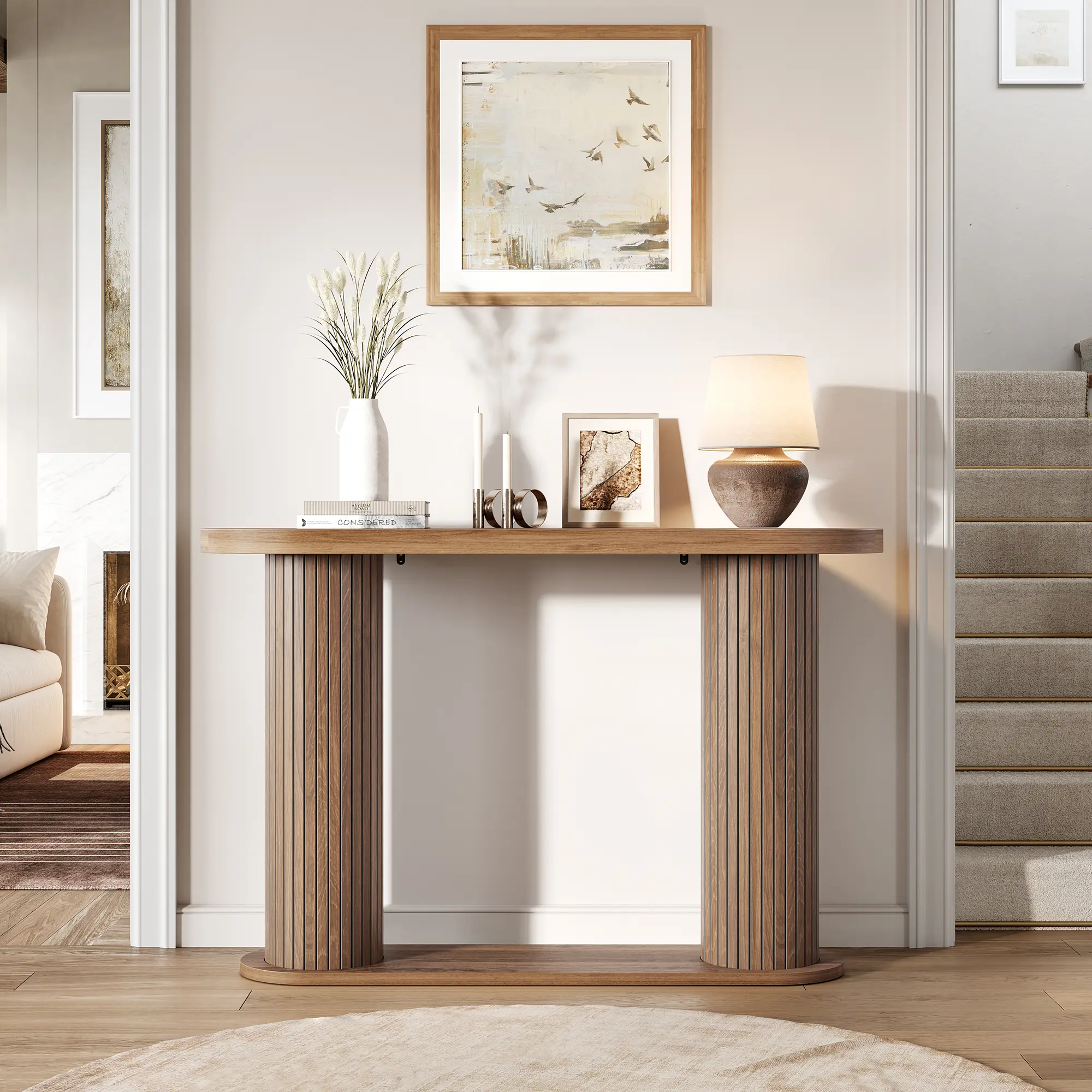 42.5" Oval Fluted Console Table, Narrow Entryway Table with Storage Shelf, Modern  Sofa Table Behind the Couch, for Hallway, Living Room, Foyer, Entrance