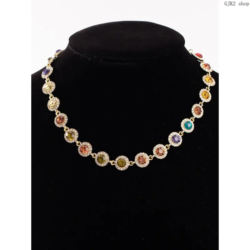 Boho Dopamine Vibrant Multicolor Rhinestone Crystal Station Necklace for Women Girls, Sparkly Whimsical Layerable Fashion Pendant Jewelry, Dainty Shiny Accessory for Daily Party Birthday Holiday Gift for Her