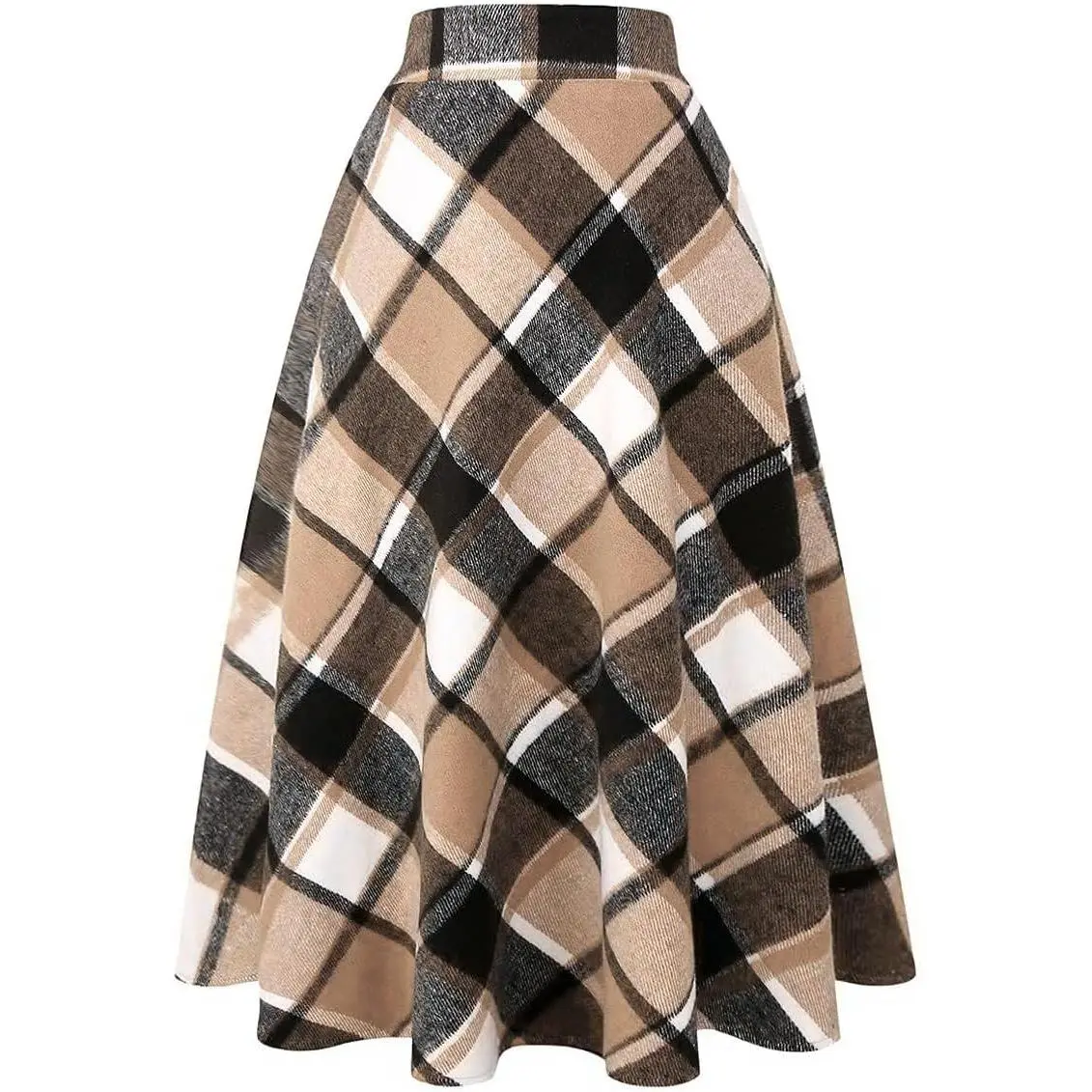 Womens Plaid Wool Skirts Elastic Waist A-Line Pleated Tartan Long Skirts