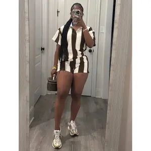 Women's 2026 Spring Two Piece Set Striped Short Sleeve Top & Drawstring Shorts Casual Outfit for Comfort