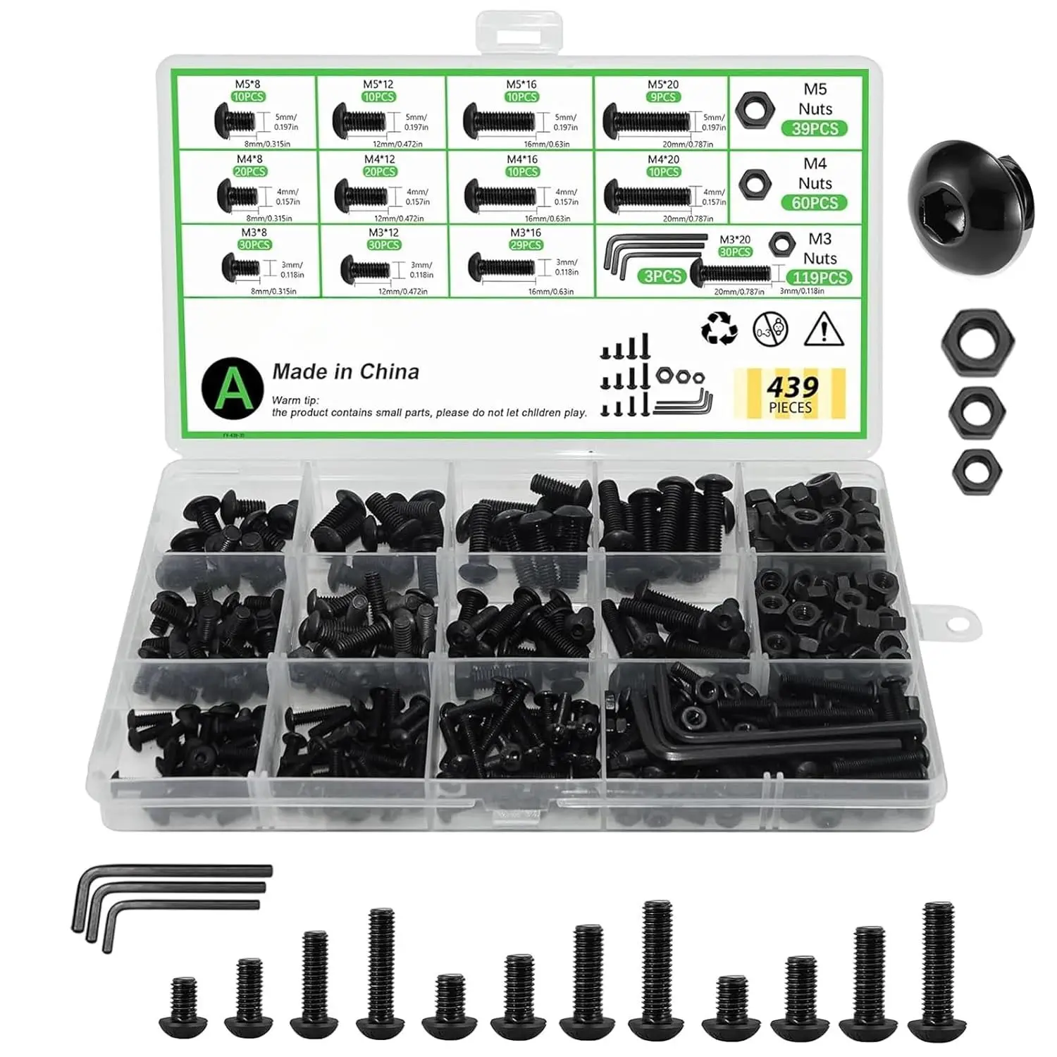439 count Metric Bolt and Nut  Kit - M3 M4 M5 Machine Screws with Lock & Flat Washers, Grade 10.9 Alloy Steel Hex Socket Button   Screw Set for Hardware,  Printer, and DIY Projects