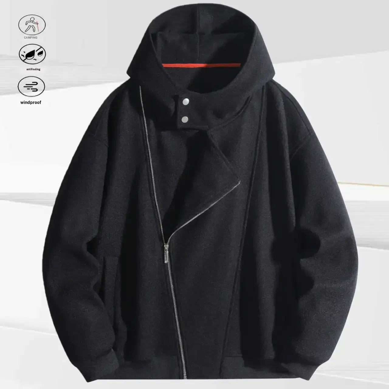 Men's Baggy Fashion Long-Sleeve Hooded Sweatshirt Jacket - Black Casual Streetwear Outerwear with Diagonal Zipper, Neckline Buttons, Unique Stylish Details, Practical Daily Wear, Monochromatic Father's Day Gift