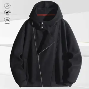 Men's Baggy Fashion Long-Sleeve Hooded Sweatshirt Jacket - Black Casual Streetwear Outerwear with Diagonal Zipper, Neckline Buttons, Unique Stylish Details, Practical Daily Wear, Monochromatic Father's Day Gift