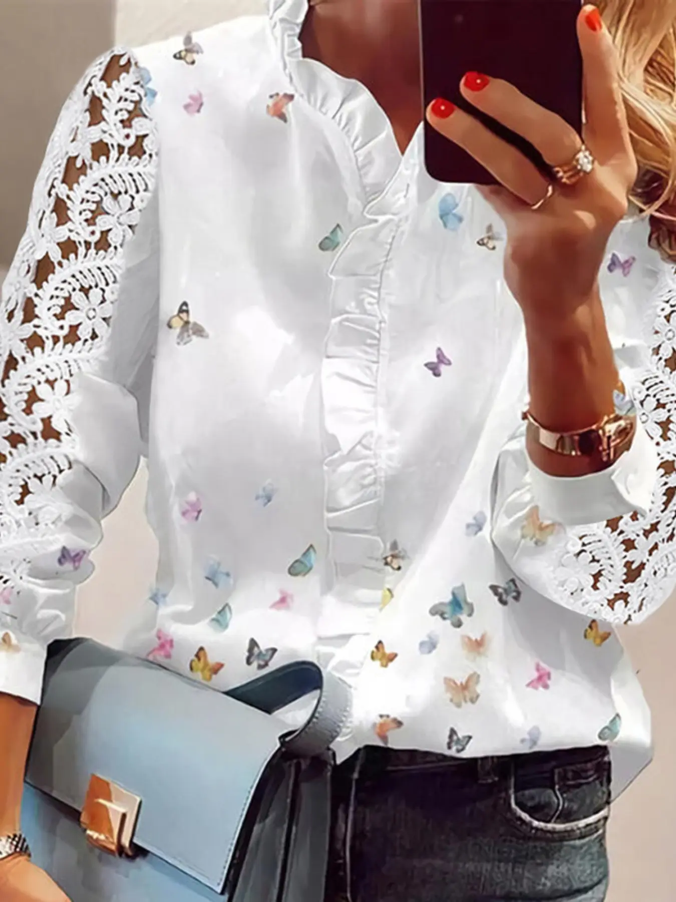 Elegant Spring Blouse for Women, Butterfly Print Lace Long Sleeve Top, Loose-Fit Contemporary Shirt, Soft & Chic Design