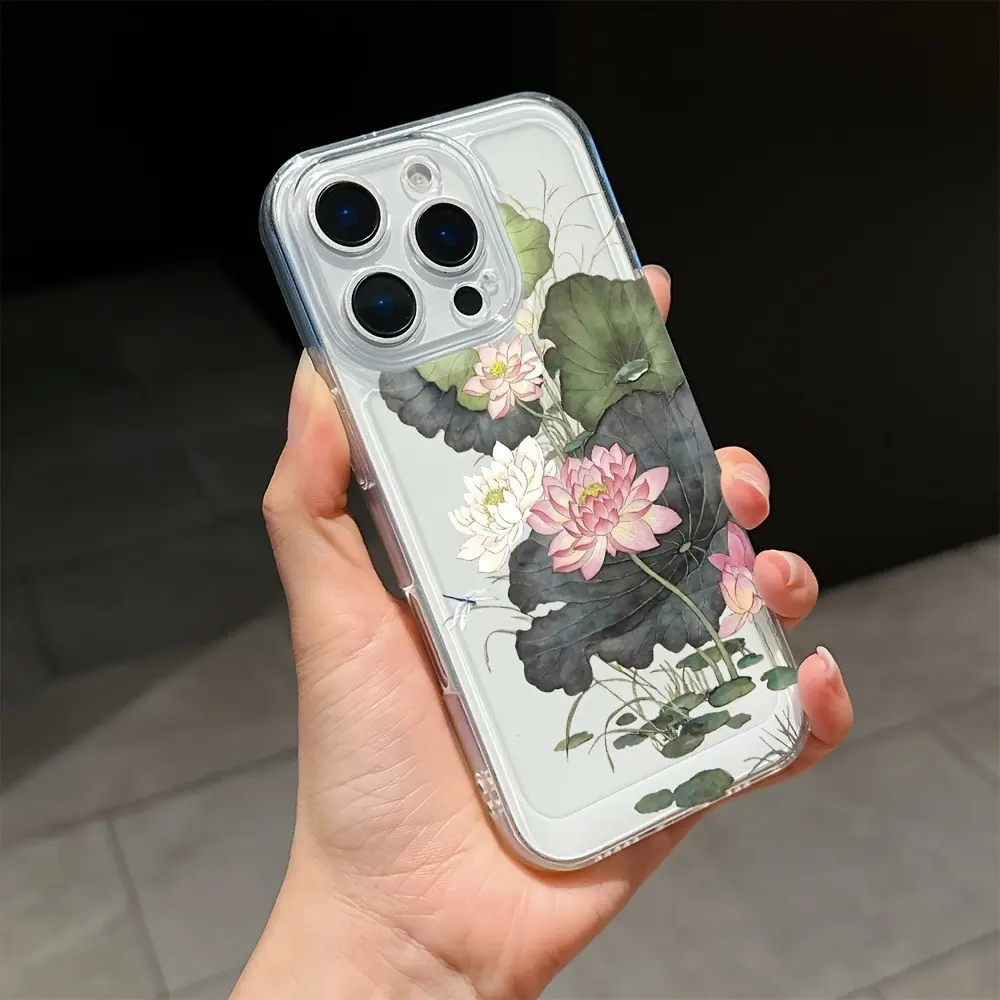 Watercolor Dragonfly Lotus Phone Case, Transparent Tpu Shell, Protective Shockproof Anti-Slip, Fits iPhone 11-17 Pro Max, Gift Idea