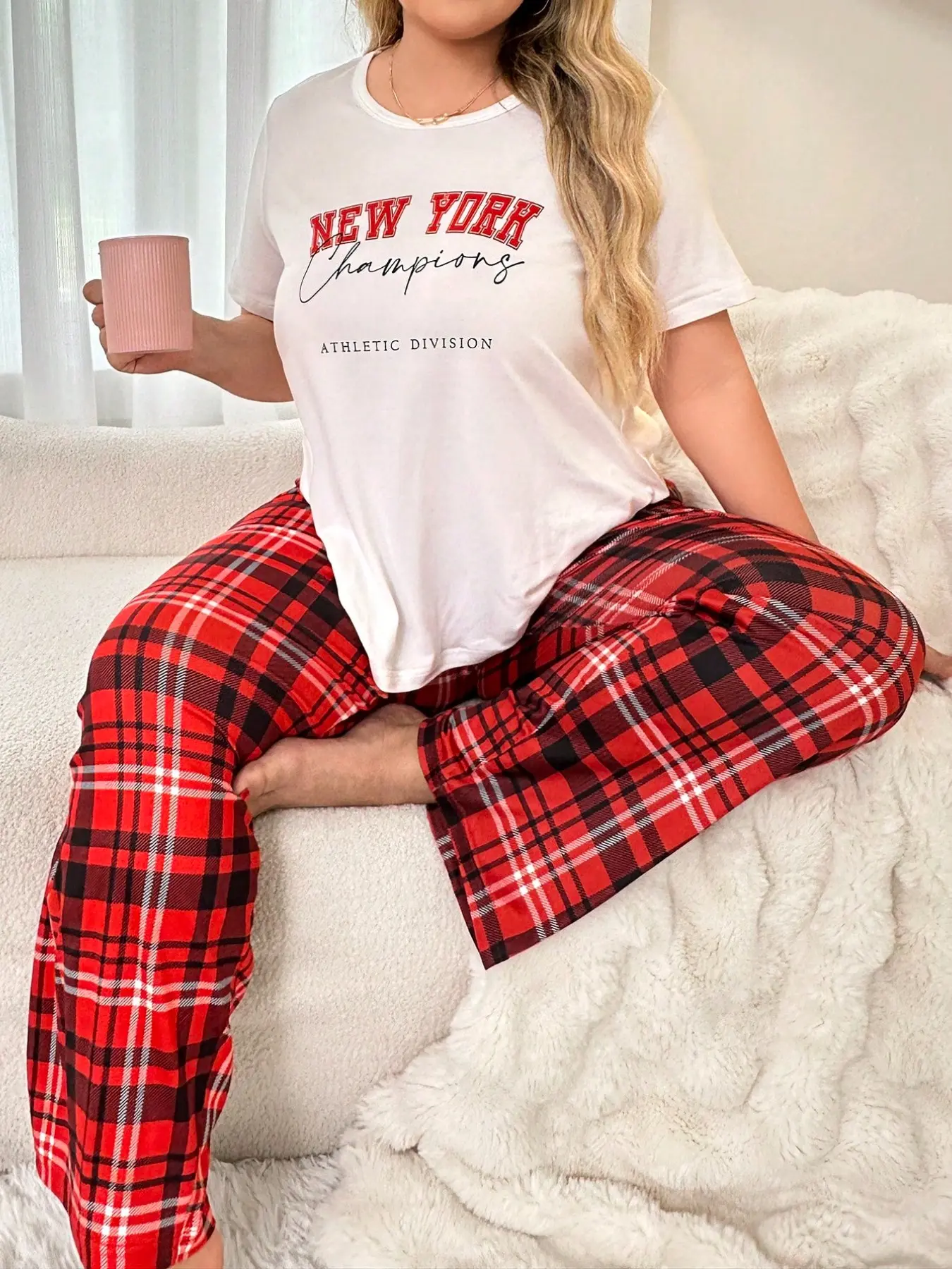 Large Size New York Letter Short Sleeve Pajama Set, Plaid Wide Leg Pants, Casual Home Two-Piece